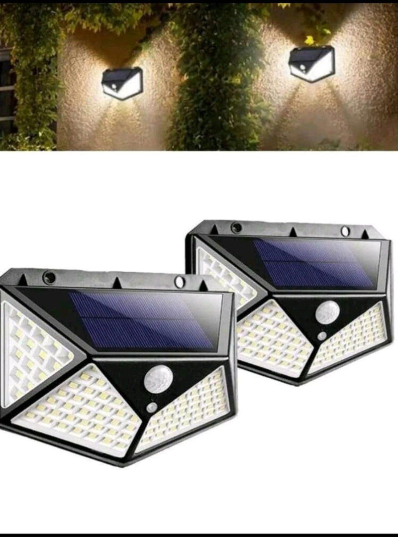 kit "2" luminaria solar parede 100% led senso de presenca 3 funcoes