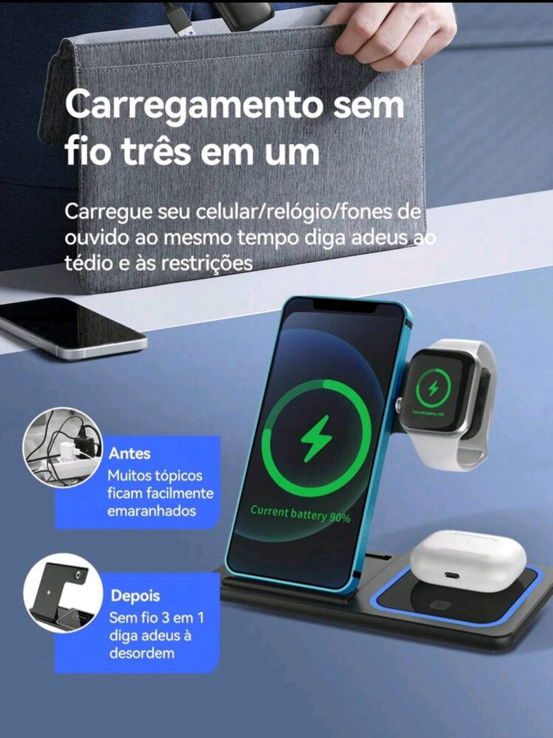 Carregador 3 em 1 Dobrável para Todos os Seus Dispositivos!  Celular, Fone, Relogio