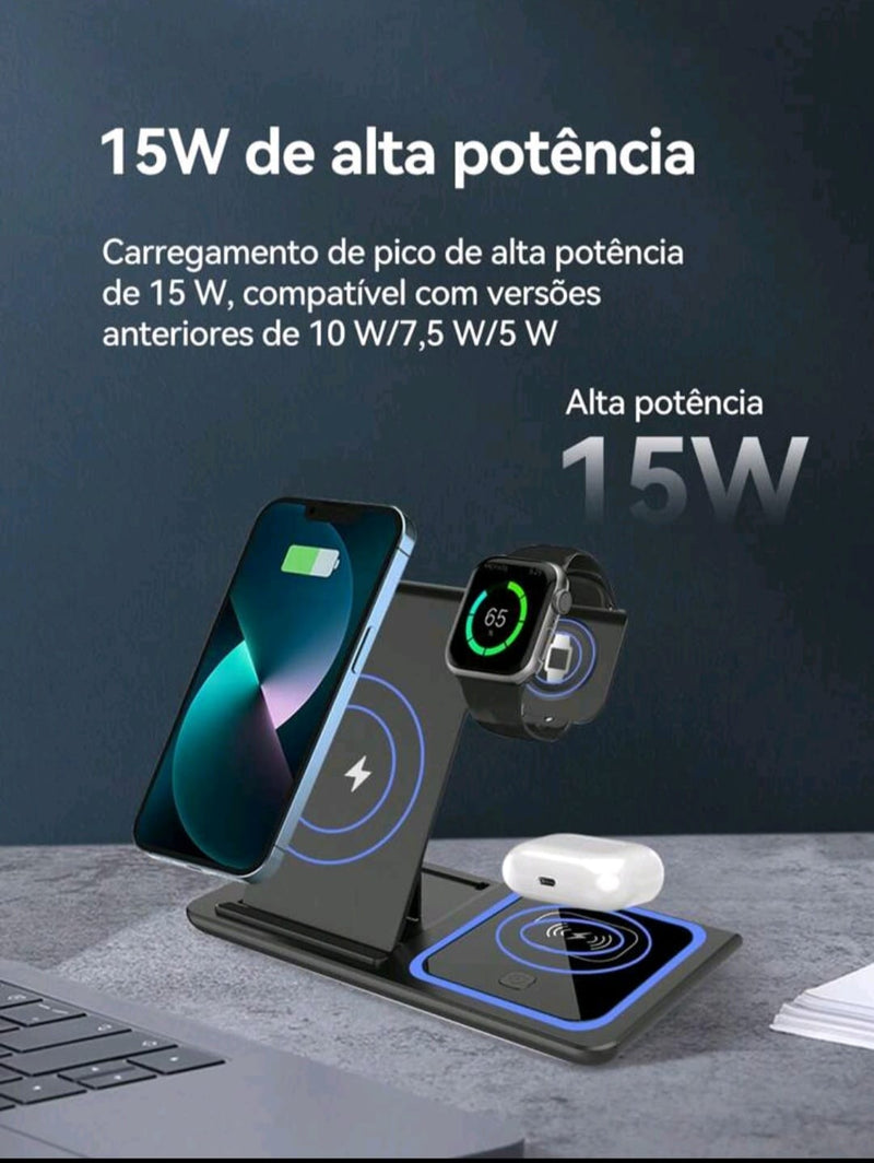 Carregador 3 em 1 Dobrável para Todos os Seus Dispositivos!  Celular, Fone, Relogio