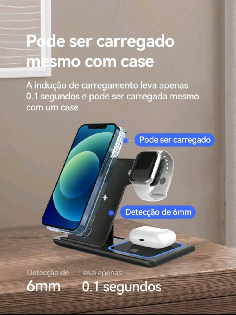 Carregador 3 em 1 Dobrável para Todos os Seus Dispositivos!  Celular, Fone, Relogio