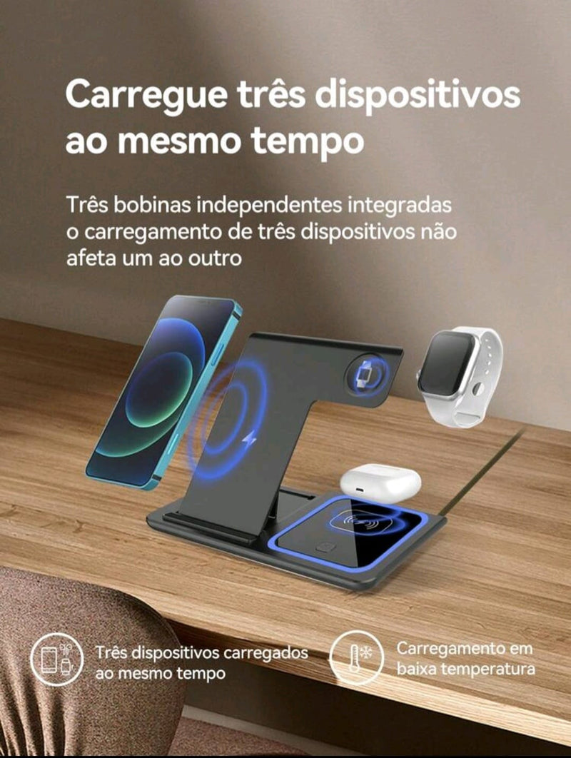 Carregador 3 em 1 Dobrável para Todos os Seus Dispositivos!  Celular, Fone, Relogio