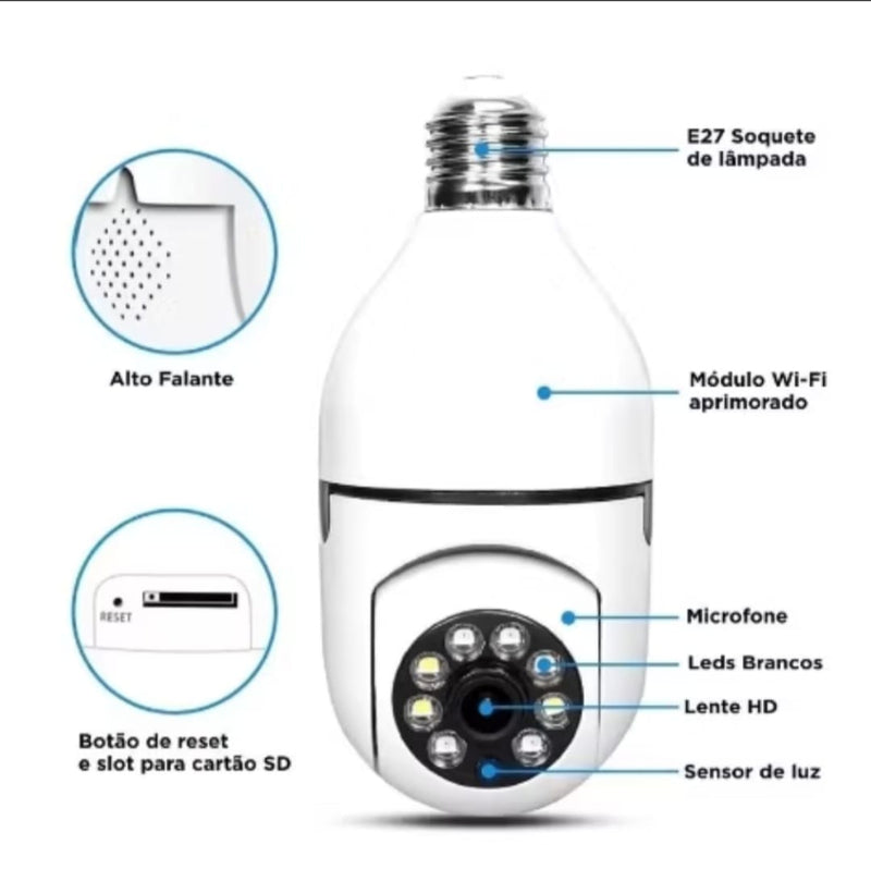 Câmera Wi-Fi IP Sem Fio Giratória 360° inteligente Com Sensor De Presenca Para Bocal De Lampada