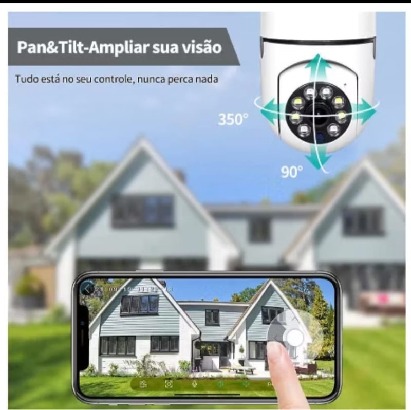 Câmera Wi-Fi IP Sem Fio Giratória 360° inteligente Com Sensor De Presenca Para Bocal De Lampada